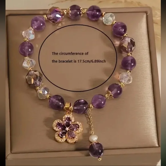 Handmade Bohemian Purple Crystal Bracelet with Golden-Tone Flower Charm - Picture 3 of 3